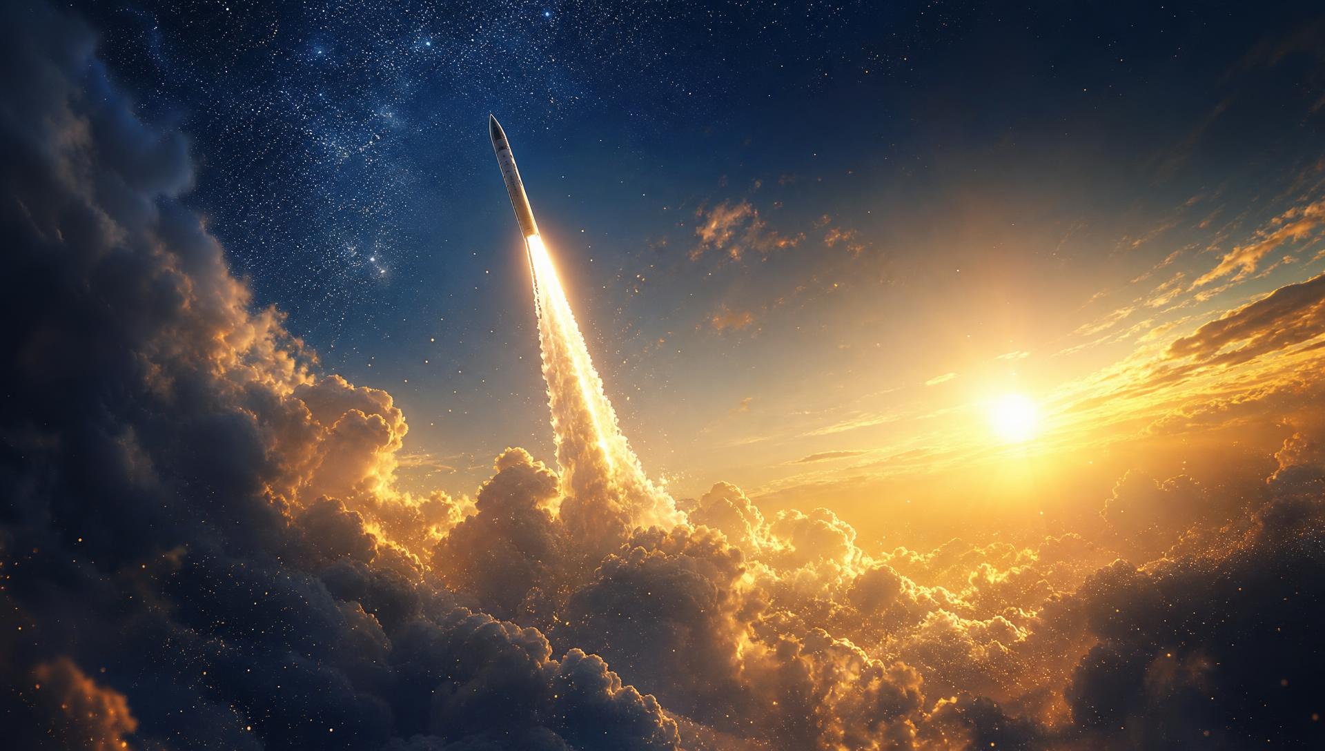 Rocket ascending into a golden dawn sky